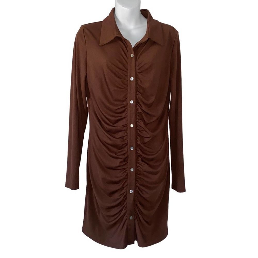 NWT Fashion Explorer Long Sleeves Button Down Brown Ruched Dress Size XL !